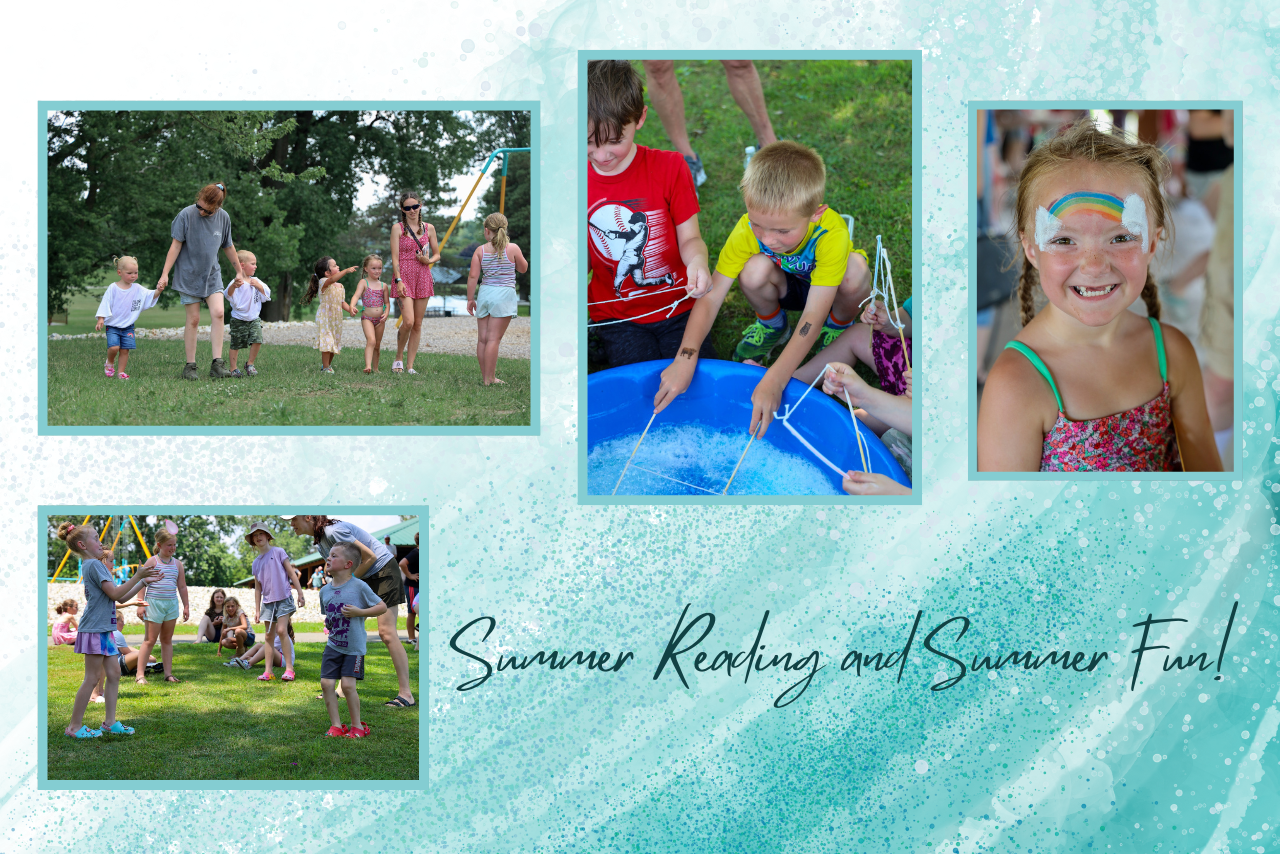 Four photos of children and families enjoying outdoor activities including face painting, big bubble making and water balloon toss.