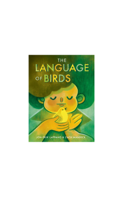 Close up cartoon drawing of a child holding a small yellow bird on a bookcover