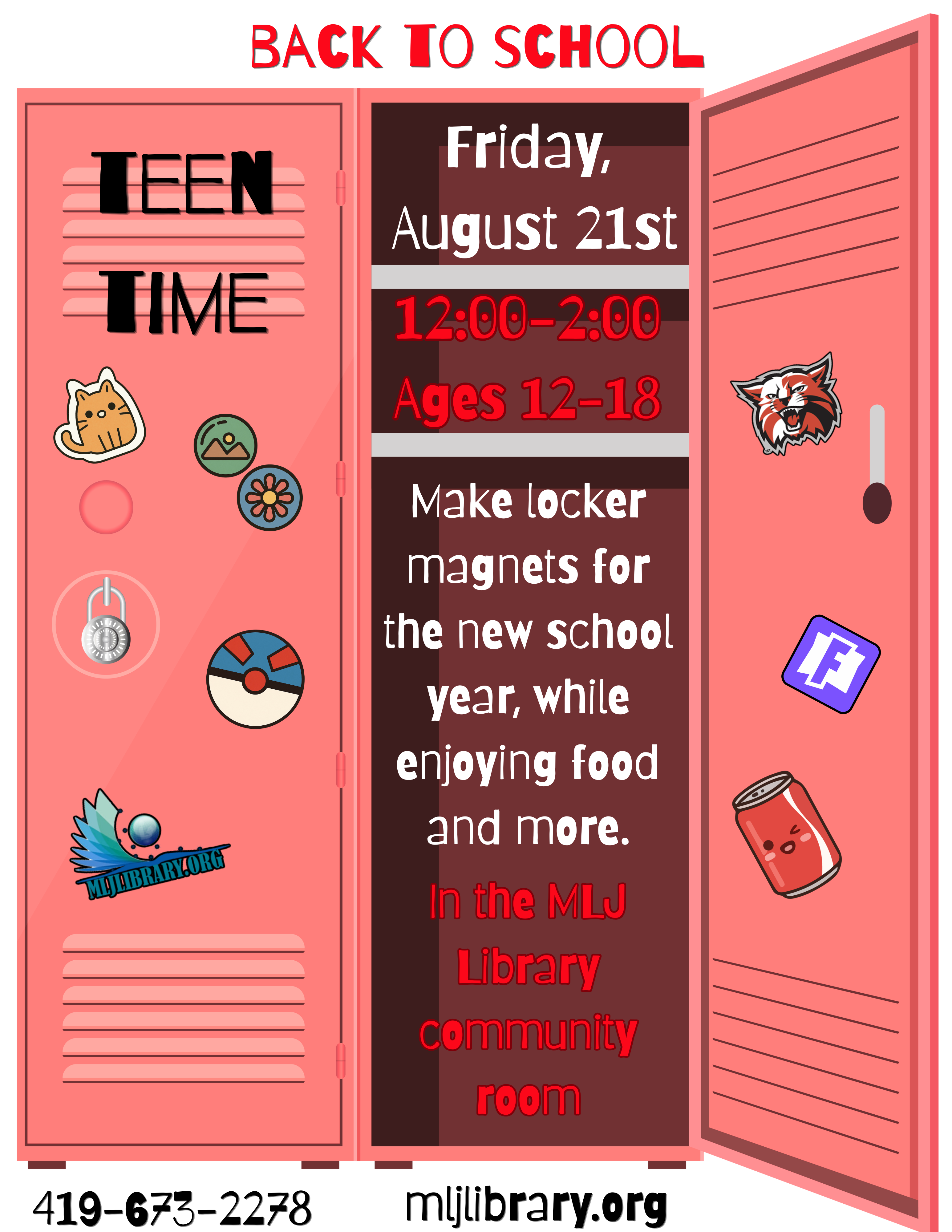 August Teen Time July 24th 12:00-2:00 crafts, snacks, and more