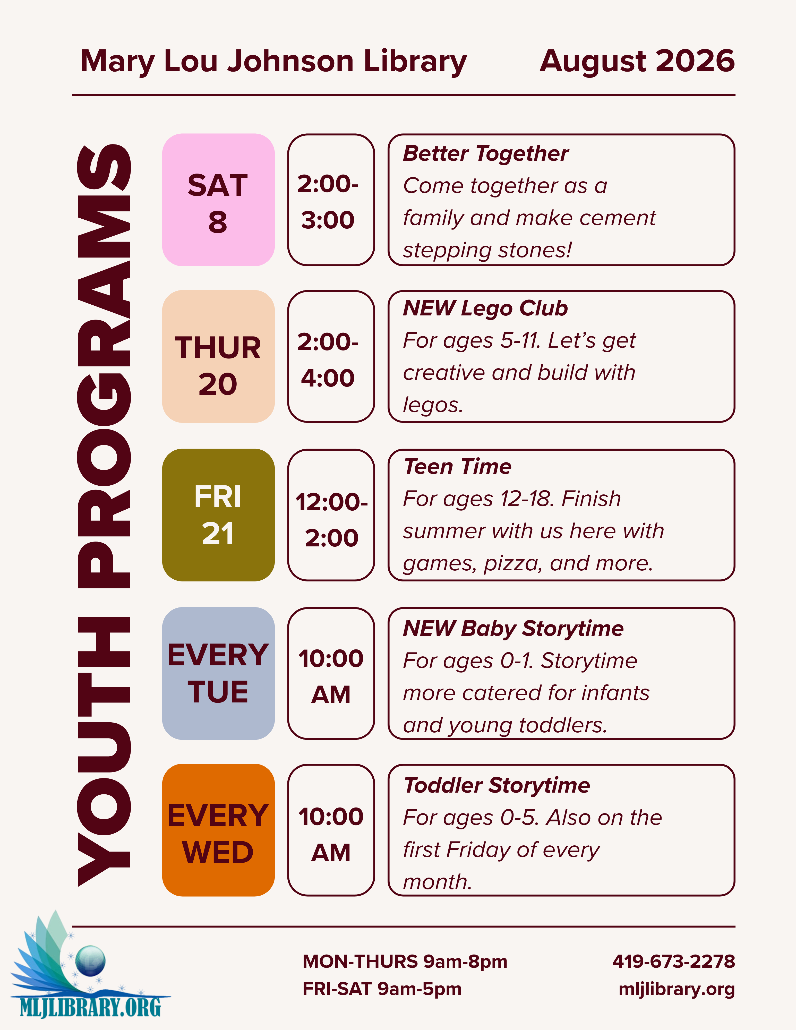 List of events in August provided by Youth Services.