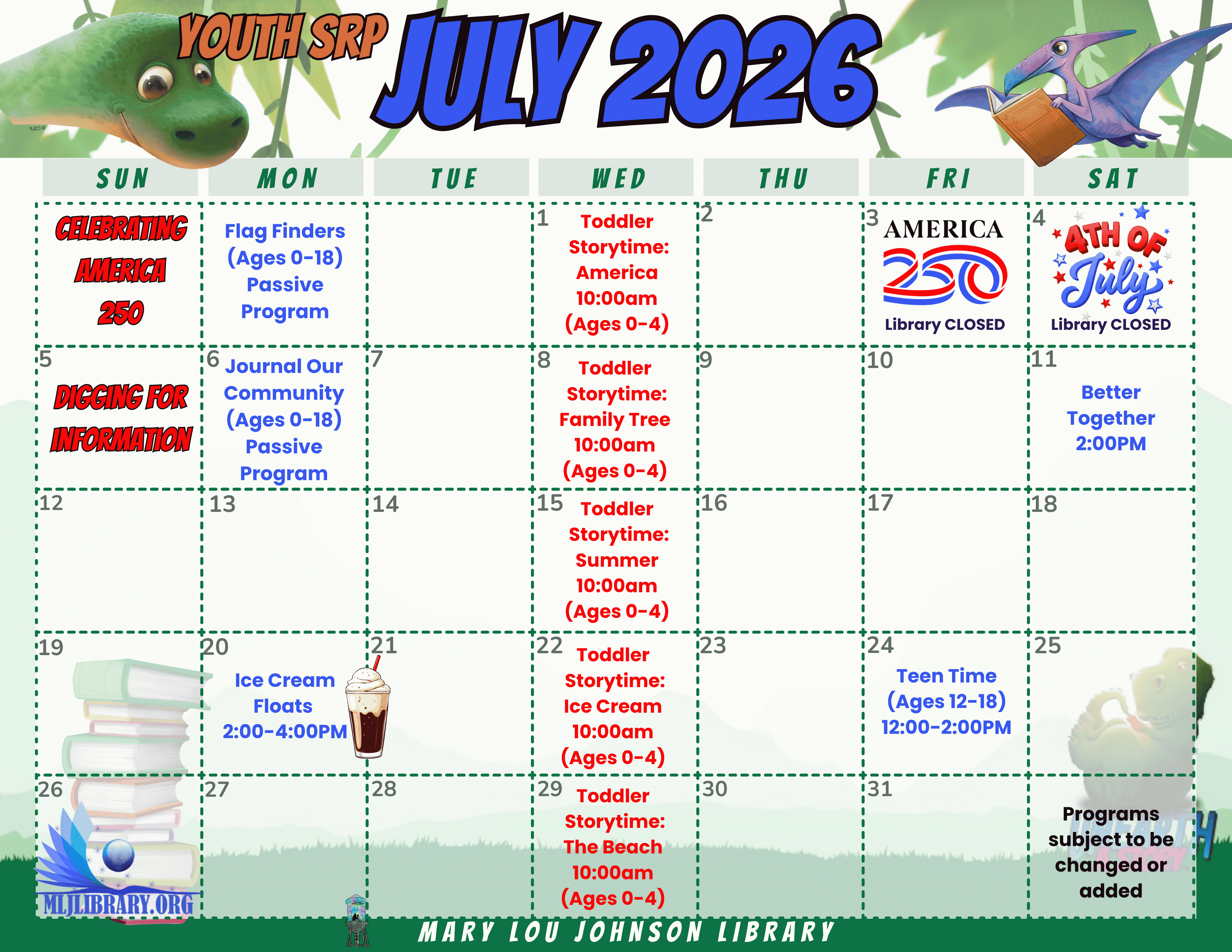 July Youth Calendar listing Toddler times, Better Together Arts, Teen Time and passive Summer Reading Challenges