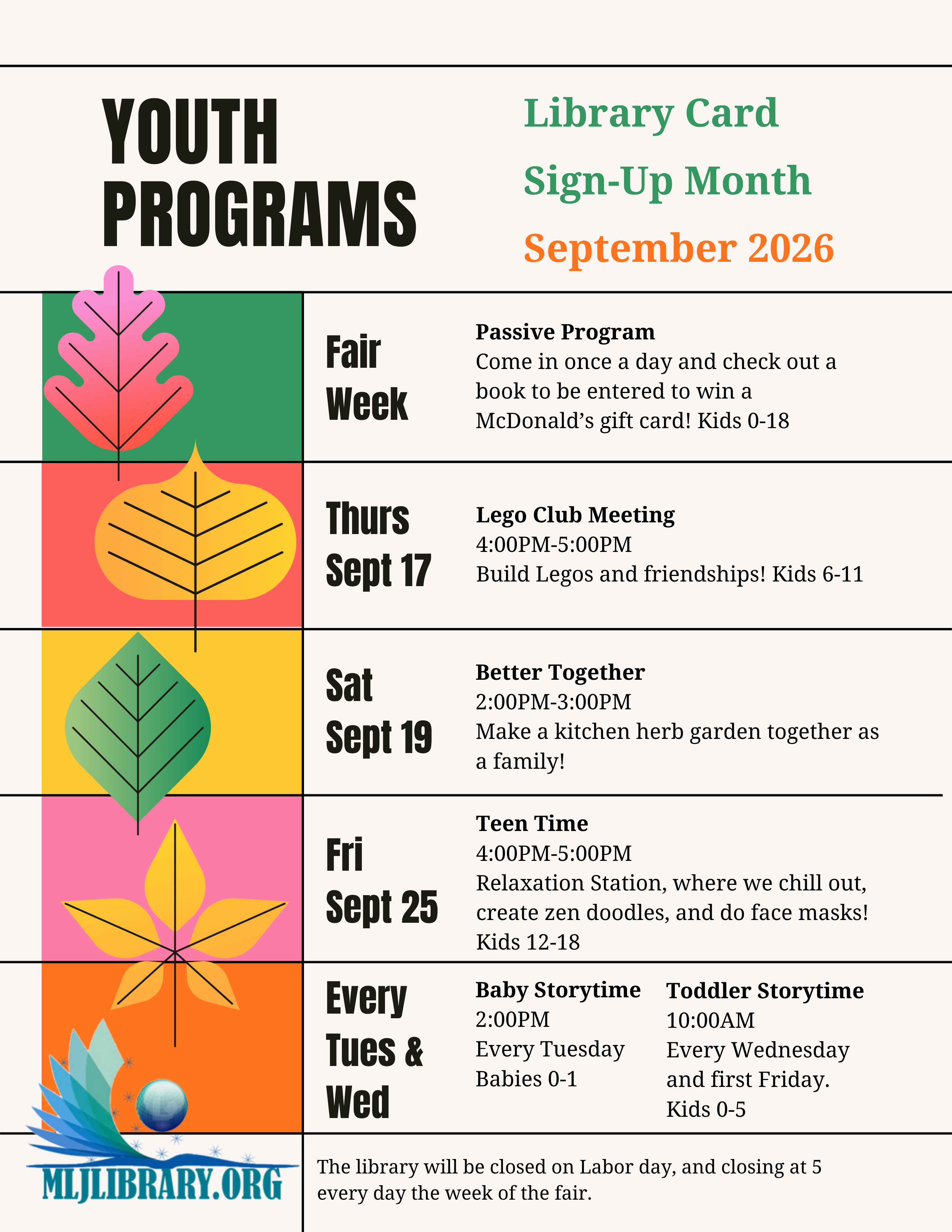 List of activities for Youth Services in September