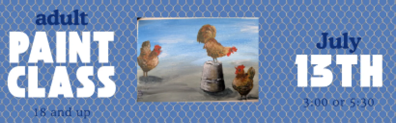 painting of 3 chickens and a metal bucket