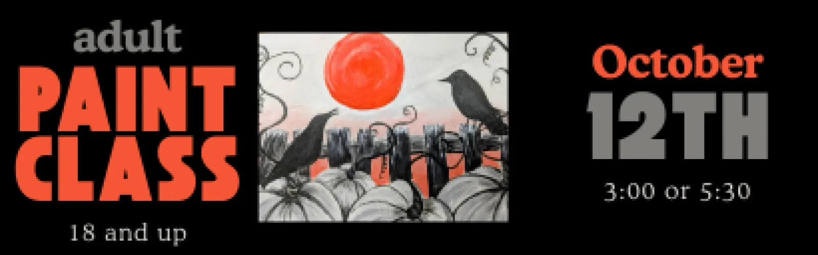 Acrylic painting of crows on pumpkins with an orange moon