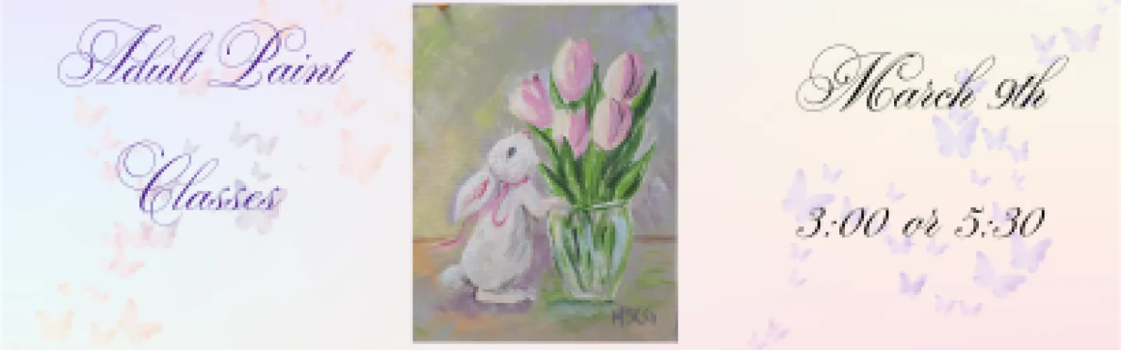 painting of a white bunny sniffing pink tulips in a vase