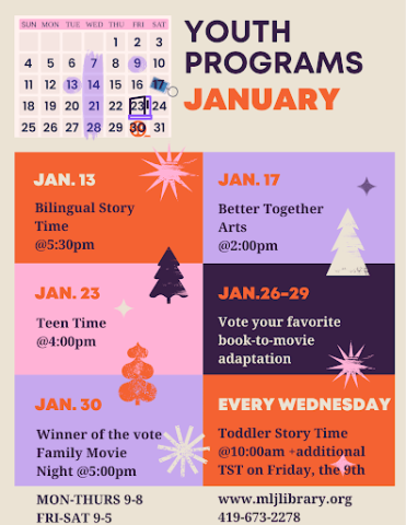 Calendar showing January activities for Youth a the library