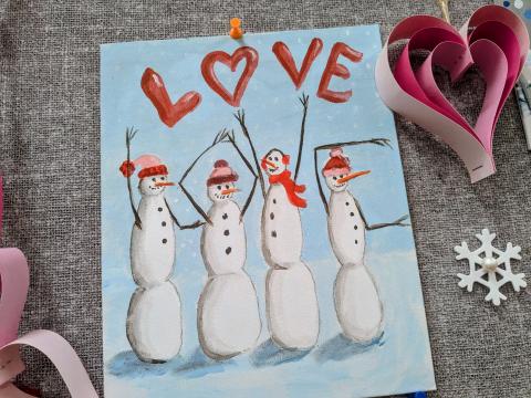 February painting showing four snowmen spelling out LOVE with their stick arms.