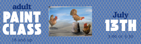painting of 3 chickens and a metal bucket