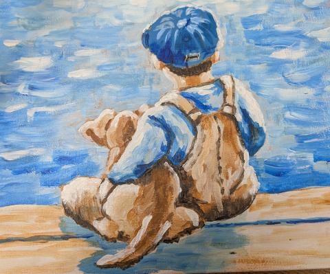 Painting of a young boy sitting with his arm around his puppy looking out at the water.out at th